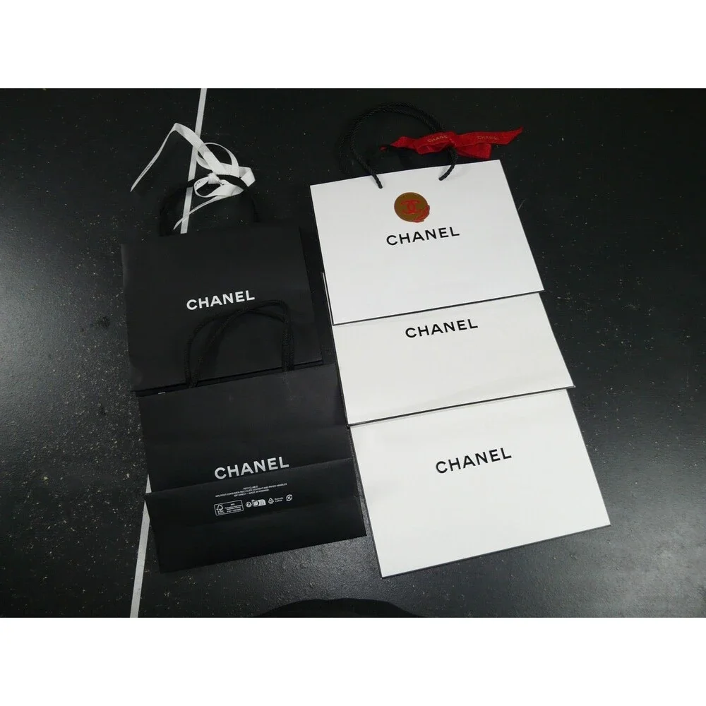 CHANEL Gift Shopping Bag Lot of 5 w/ Ribbon Rose Card Envelope White & Black